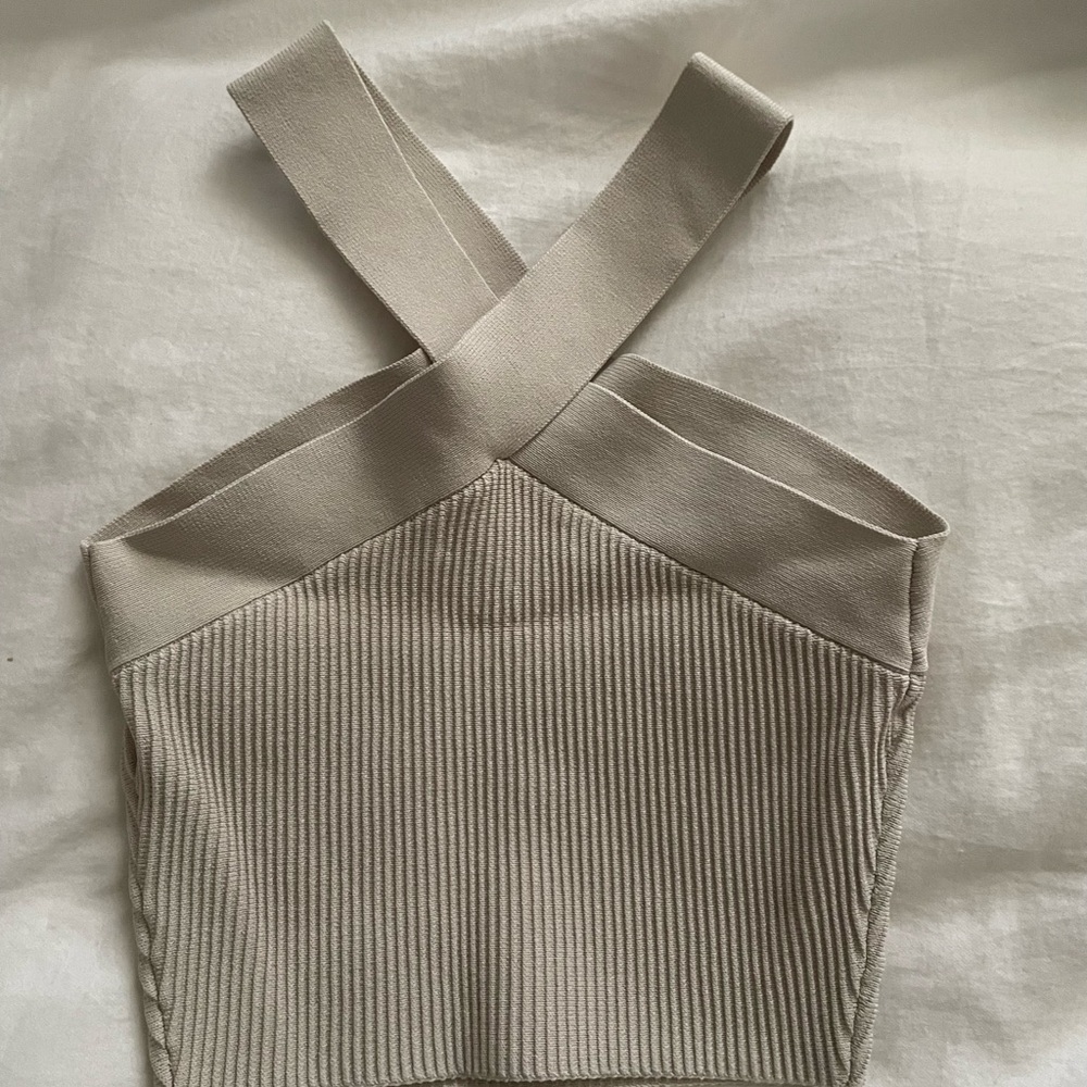 Beige Ribbed Cross-Strap Top